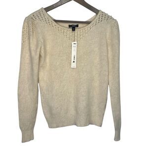 NWT Aqua Cashmere Faux Pearl Sweater size Medium Cream Puff Sleeve Quiet Luxury